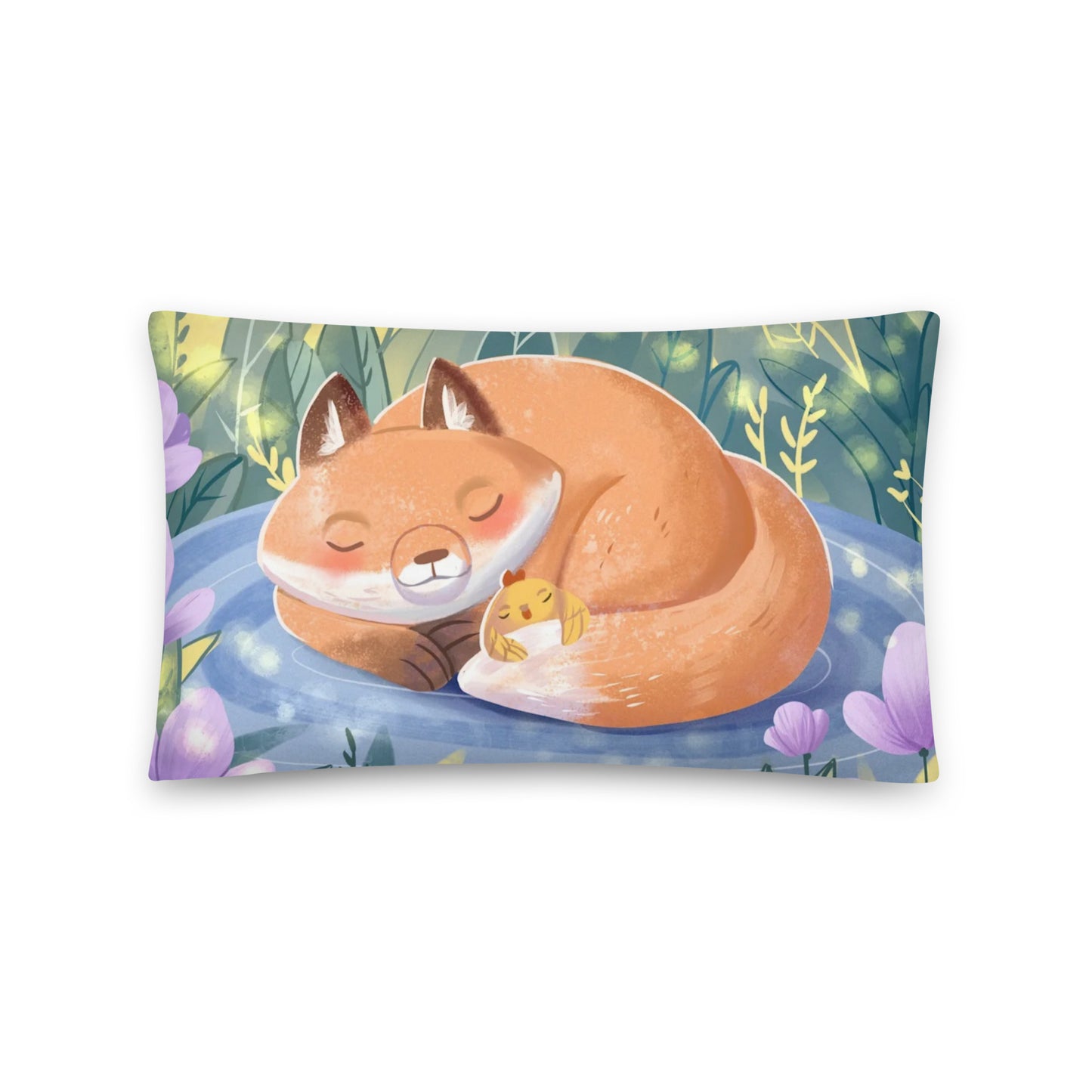 Orange Fox on a Blue Rug "Napping with a Chick Collection" by Lulu Edge Basic Pillow