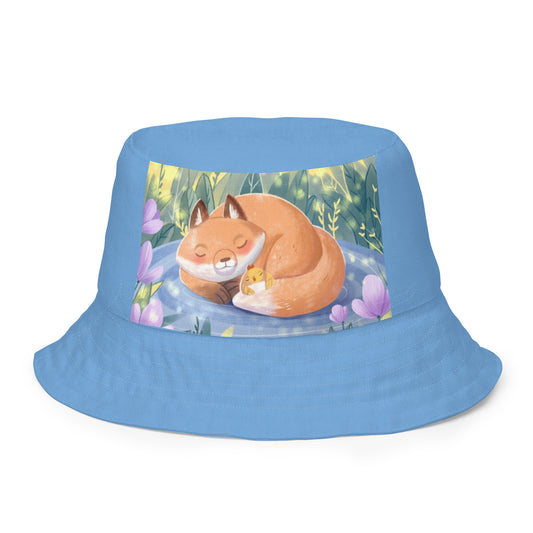 Orange Fox on a Blue Rug "Napping with a Chick Collection" by Lulu Edge Reversible Bucket Hat