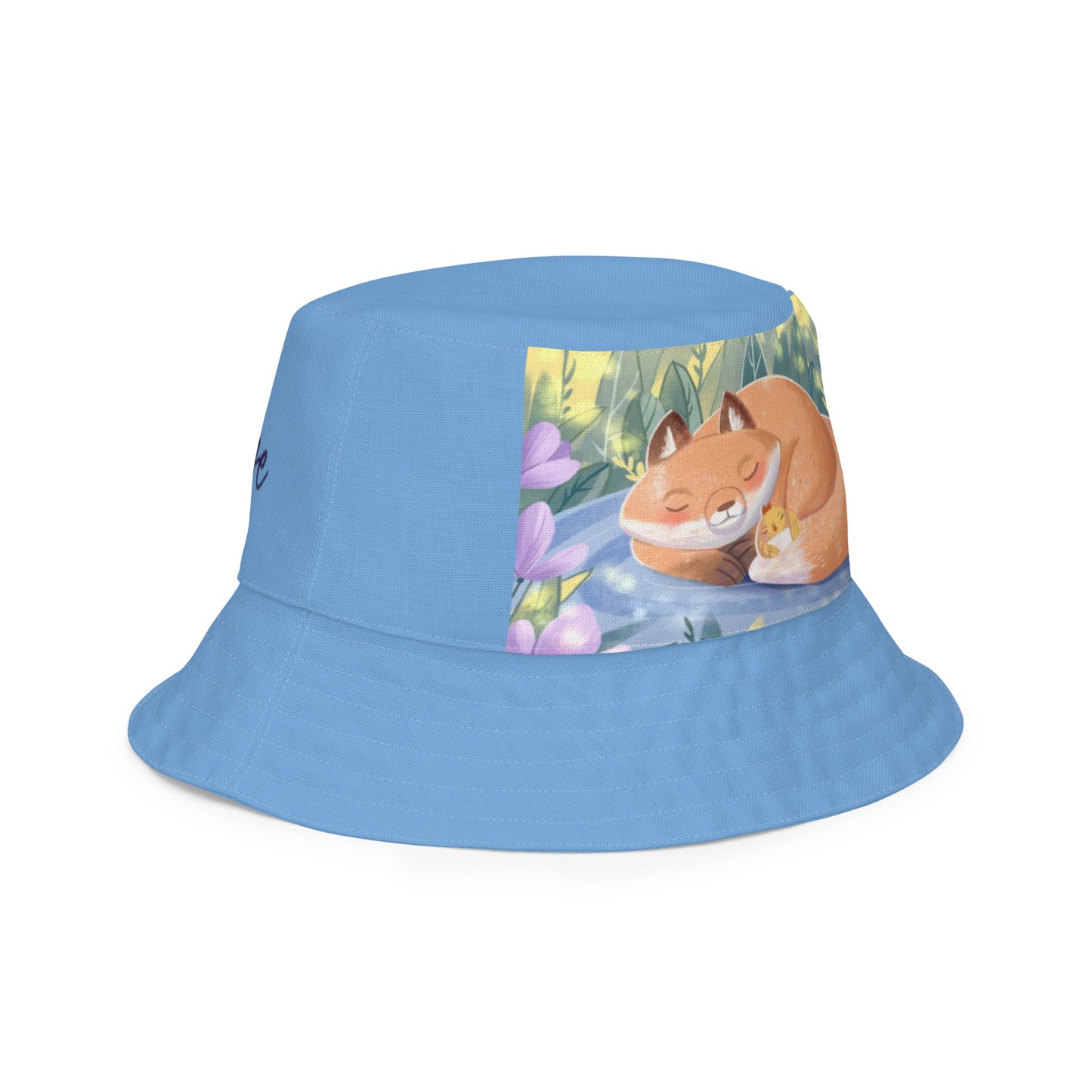 Orange Fox on a Blue Rug "Napping with a Chick Collection" by Lulu Edge Reversible Bucket Hat