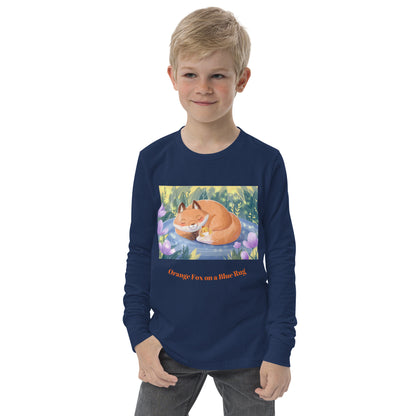 Orange Fox on a Blue Rug "Napping with a Chick Collection" by Lulu Edge Youth Long Sleeve Tee