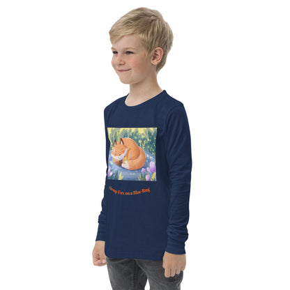 Orange Fox on a Blue Rug "Napping with a Chick Collection" by Lulu Edge Youth Long Sleeve Tee