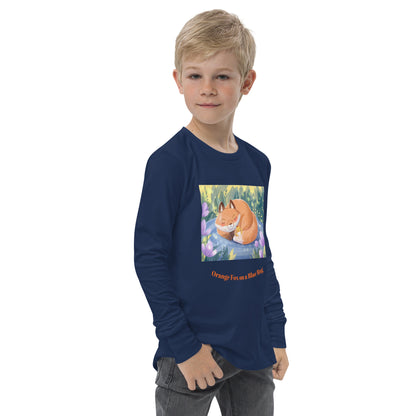 Orange Fox on a Blue Rug "Napping with a Chick Collection" by Lulu Edge Youth Long Sleeve Tee